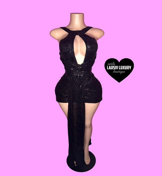 “La Jefa” black sequin cape dress