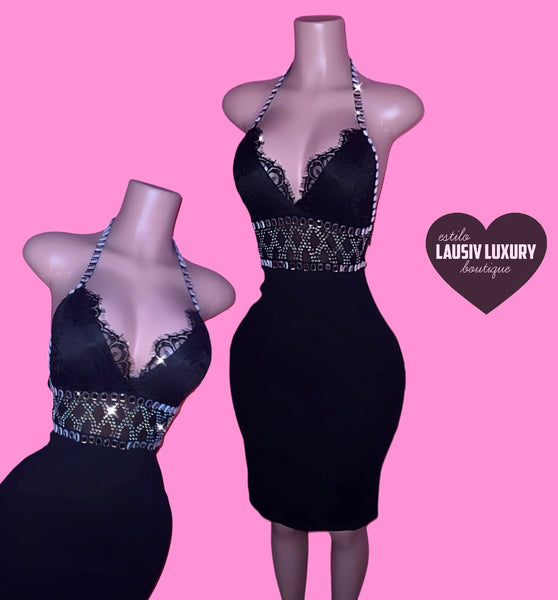 “Maldad & Elegancia” black bling knee length dress