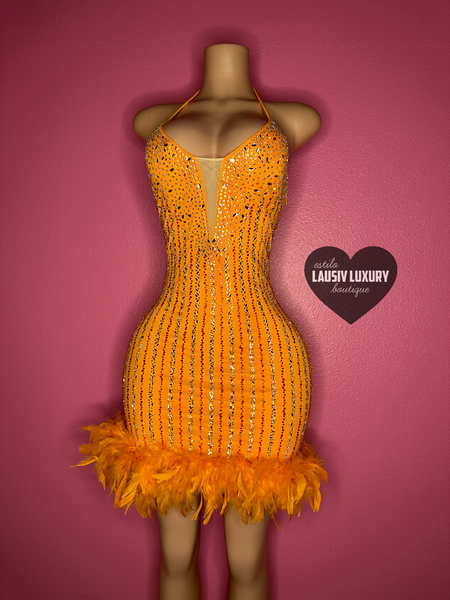 “The baddest” orange bling & feather dress