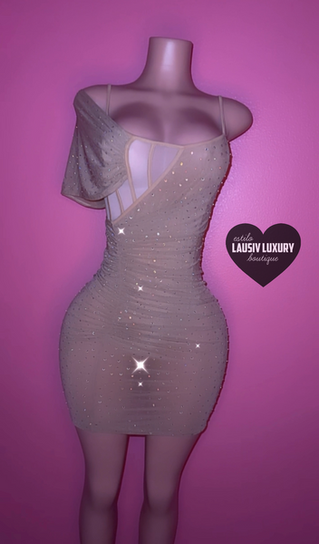 “Love nudes” bling tan semi- transparent dress