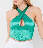 Green satin corset style cross halter top