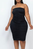 Black strapless scrunched dress plus size