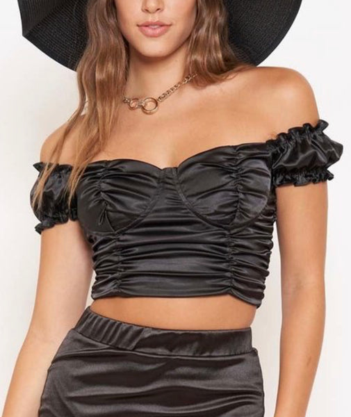 Black satin scrunched crop top